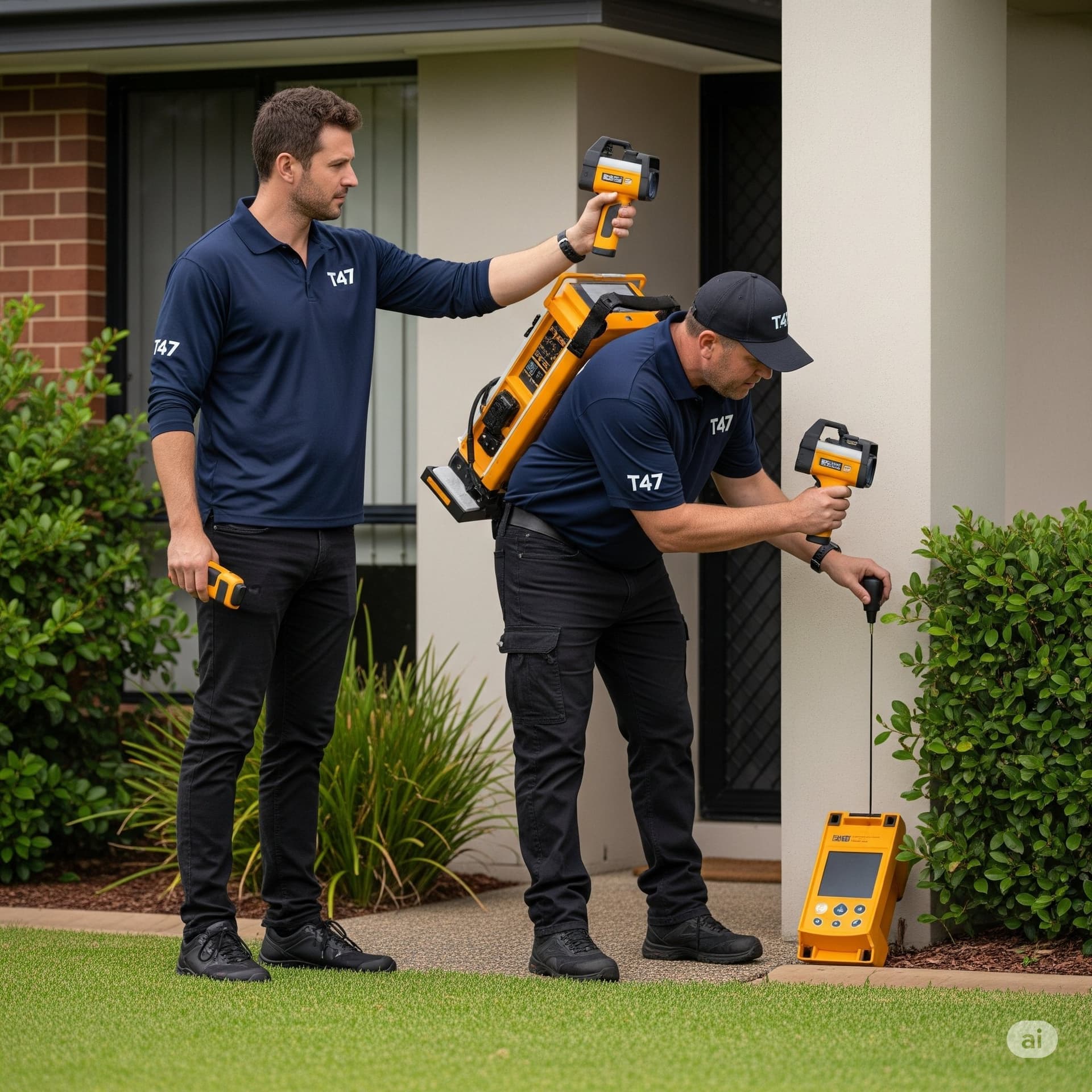 T47 Pest Control technicians carrying out a follow-up check around the outside of a Melbourne home