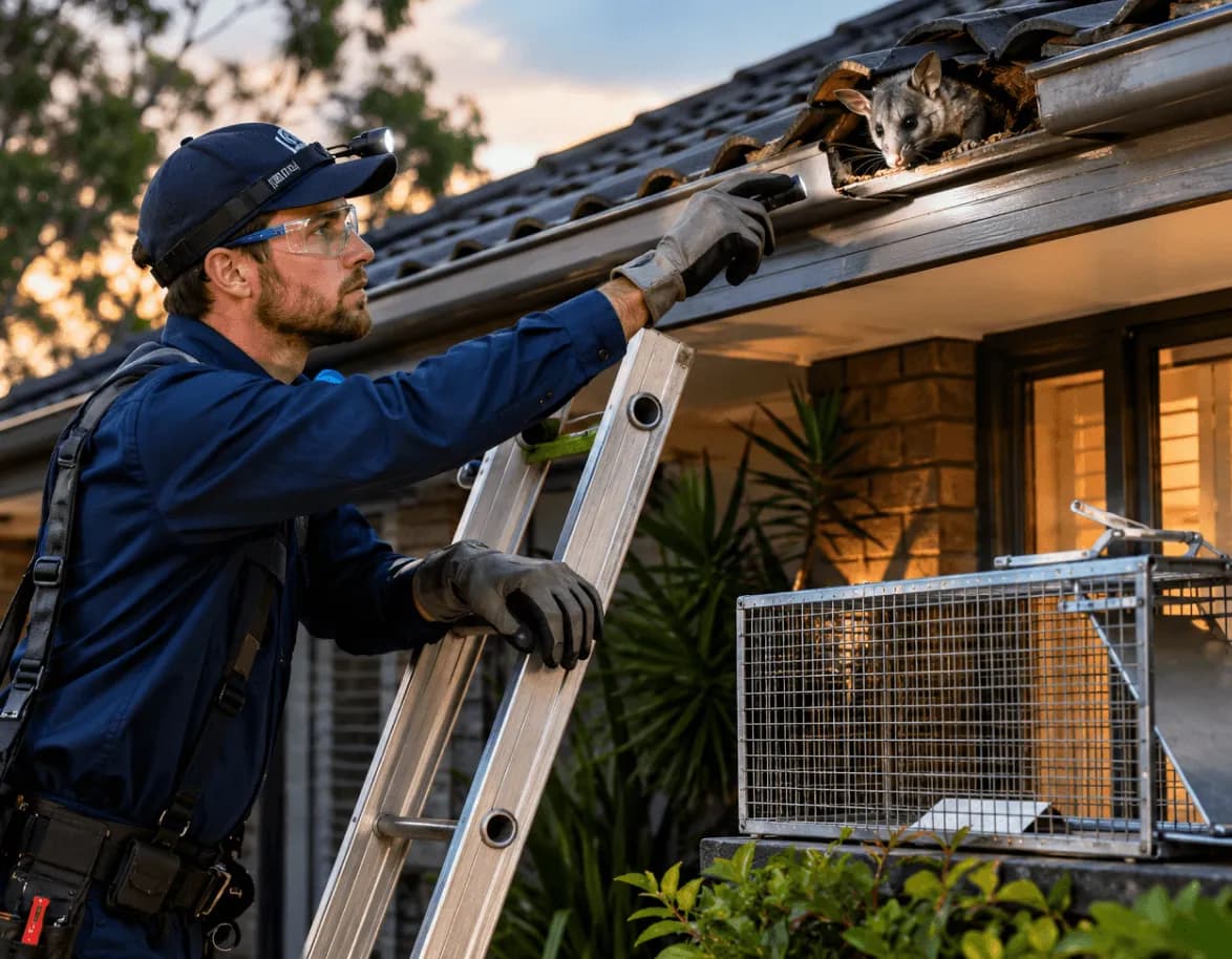 T47 Pest Control technician setting a humane cage trap at a Melbourne home