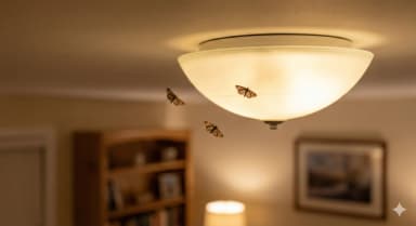 Small moths flying near lights or resting on walls