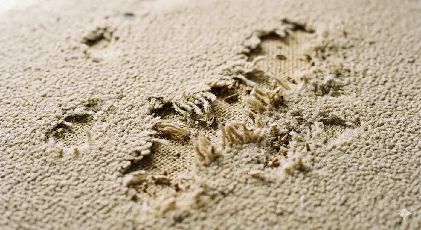 Close-up of carpet moth damage on a woollen rug