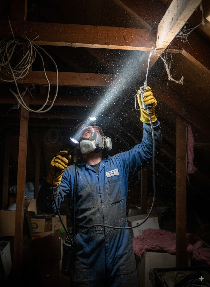 Technician applying termite dust into active gallery in a Melbourne home