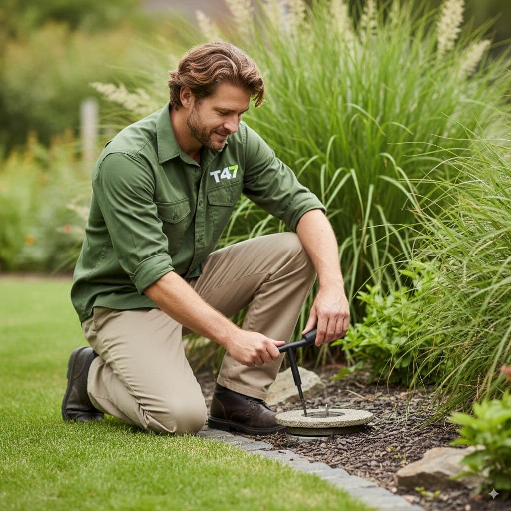 Technician using temperature probe to locate termite nest in a tree base near a Melbourne home